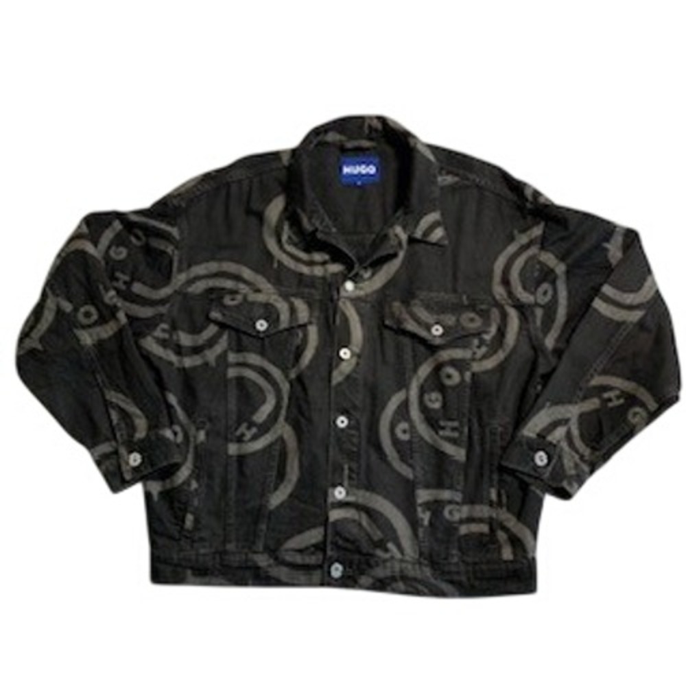 HUGO Hugo Boss Mens Black Denim Jacket All Over Smiley Logo Graphic Print Medium